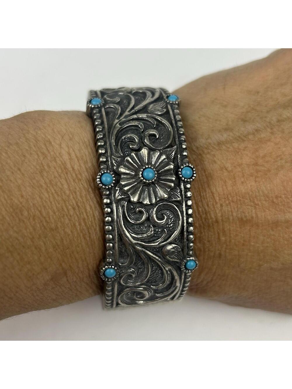 VTG Bangle Bracelet Pewter with Blue Stones Chunky